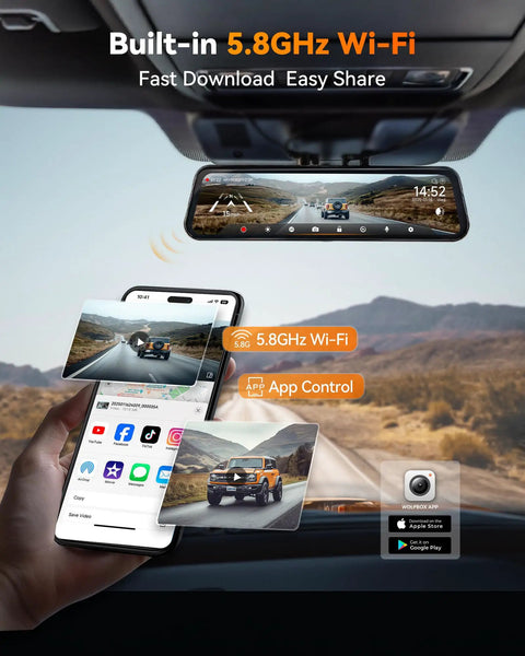 G900 Tripro Bumper 3 Channel 4K Mirror Dash Cam with 5.8GHz WiFi and app control, displayed with smartphone interface