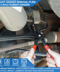 Exhaust Hanger Removal Pliers Set With 4 Hole Rubber Hanger Insulators Kit 5 Pieces Auto Repair Tool in use on car