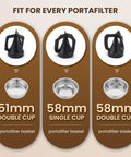 Automatic Electric Portafilter Cleaner Knocks Out Stubborn Coffee Oils In Seconds with portafilter baskets for 51mm and 58mm sizes.