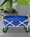Heavy Duty Ten Inch Pneumatic Caster Set With Durable Rubber Tires And Bolt On Brackets in a blue folding cart on a smooth surface.