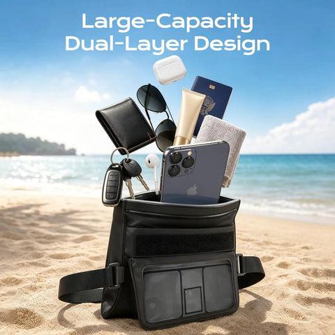 Two Pack Waterproof Fanny Pack With IPX8 Dry Belt Bag Touch Screen Phone Pouch on beach with accessories inside