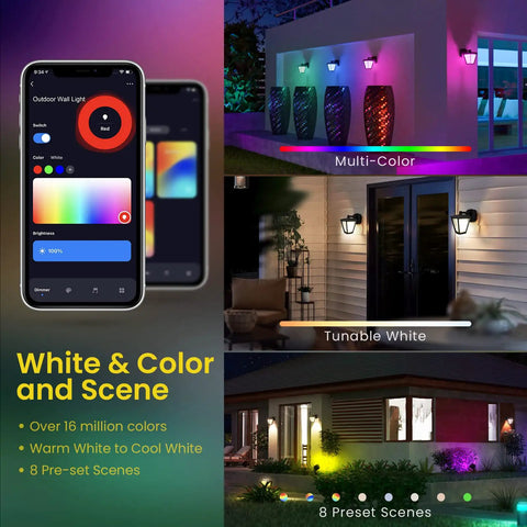 Smart Outdoor Wall Lantern With GFCI Outlet RGBW Color Changing Porch Light App Control And Alexa Compatible Music Sync