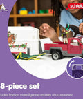 Child playing with 38 Piece Trailer And Truck Transporter Playset With Realistic Horse And Rider Figures Saddle Bridle Hay Bales And Accessories