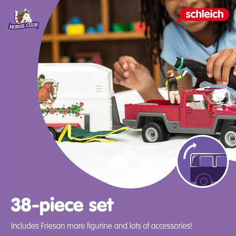 Child playing with 38 Piece Trailer And Truck Transporter Playset With Realistic Horse And Rider Figures Saddle Bridle Hay Bales And Accessories