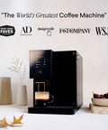 Front view of a black No Fuss Fully Automatic Espresso Machine With App Control And Auto Wake And Sleep For All Milk Types on a kitchen counter.