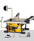 Compact Jobsite Table Saw with smooth rack and pinion fence, 8-1/4 inch blade, 42 lbs weight, ideal for quick cuts.