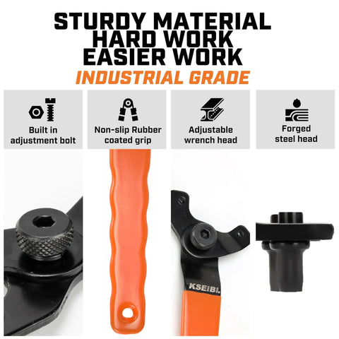 Universal Adjustable Pin Wrench For Angle Grinders And Power Tools With No Hassle Twist Knob Adjustment Heavy Duty Carbon Steel Spanner with rubber grip.