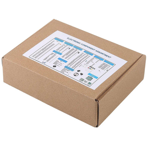 Massive 1900Pcs Electronics Component Kit Bundle in a closed brown box with labeled contents sheet on top.