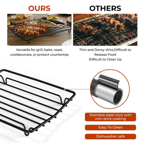Comparison of nonstick V-shaped roasting rack for oven pan 10 by 8 inch with wire rack for grilling and baking made of durable stainless steel.
