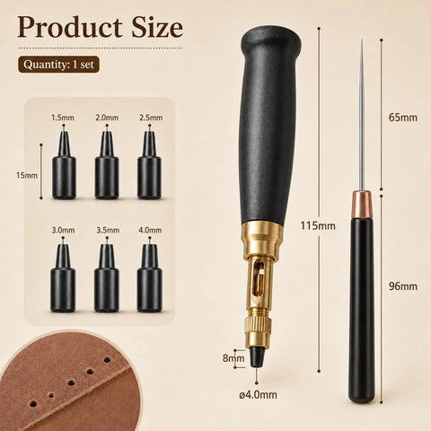 Slick Adjustable Leather Hole Punch With Solid Wood Handle Awl, six steel bits sizes 1.5 to 4mm for crafting and repairs.