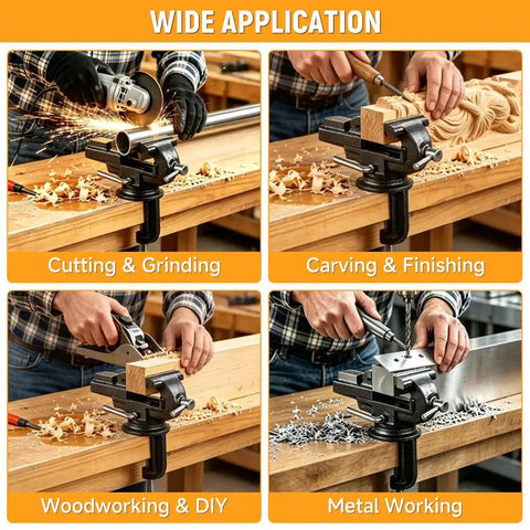 2-Inch Universal Table Vise With 360 Degree Swivel Base, Must-Have Portable Clamp-On Workbench Vice With Built-In Anvil For Hobbyist Jewelry Making, Electronics, Woodworking, And Precision DIY Projects on bench for cutting and grinding