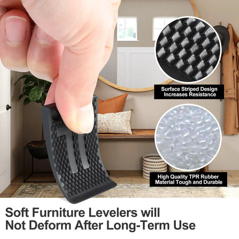 Close-up of a person holding a black rubber furniture leveler with striped design and TPR material, showing durability and resistance.