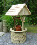 Top Shelf DIY Woodworking Plans For A Six Foot Octagon Wishing Well Featuring Cedar Shingle Roof And Slick Rustic Yard Charm With Dead Simple Step By Step Photo Manual And Rock Solid Build Specs. Outdoor wooden wishing well with cedar roof and bucket, six foot octagonal design.