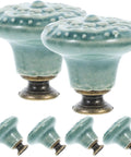 Retro Ceramic Drawer Knobs Antique Single Hole Cabinet Handles For Kitchen Wardrobe Cupboard Doors With Vintage Floral Pattern In Celadon Blue Finish Set