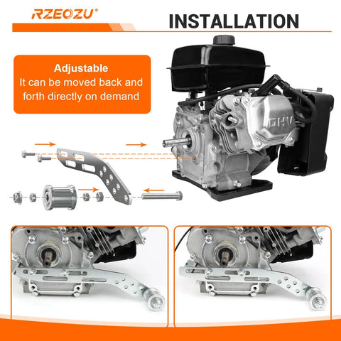 Universal Minibike Chain Tensioner With Roller Bracket Replacement shown with engine and installation details