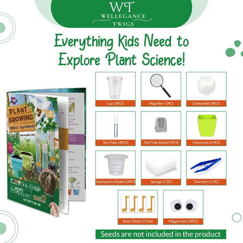 Awesome Plant Growing Science Kit For Kids With 19 Real Botany Experiments including items like test tubes and tweezers.