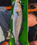 Angler measuring a trout on a green ruler with a 4 Inch Soft Plastic Paddle Tail Swimbait in its mouth, showcasing realistic action.
