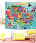 Colorful USA Map Wall Tapestry For Kids With Cartoon Fun Facts Geography Decor For Bedroom And Living Room, Educational Wall Hanging 71 By 60 Inches, Polyester Fabric, Indoor Outdoor Use, Easy To Clean displayed in a child's room.