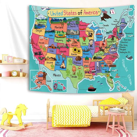 Colorful USA Map Wall Tapestry For Kids With Cartoon Fun Facts Geography Decor For Bedroom And Living Room, Educational Wall Hanging 71 By 60 Inches, Polyester Fabric, Indoor Outdoor Use, Easy To Clean displayed in a child's room.