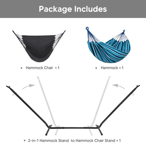 Package contents for 2-In-1 Convertible Backyard Hammock With Stand And Chair, featuring hammock, chair, stand.