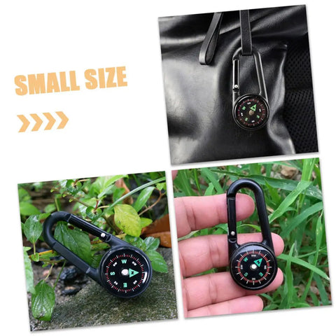Portable Double Sided Hiking Compass With Carabiner Pocket Sized Mini Outdoor Navigation Tool shown clipped to backpack and held by hand
