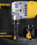 Close-up of DEROLT Cordless Metal Nibbler Compatible With Dewalt 20V Battery with black and gold cutting blade. Precision tool for smooth cuts.