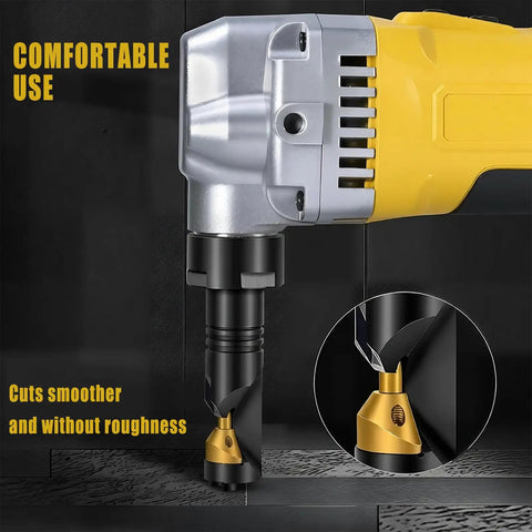 Close-up of DEROLT Cordless Metal Nibbler Compatible With Dewalt 20V Battery with black and gold cutting blade. Precision tool for smooth cuts.