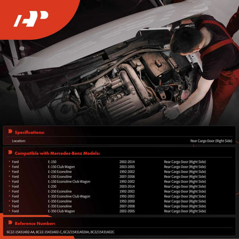 Mechanic working on Ford E-Series van engine, focusing on rear cargo door compatibility for models 1992-2014, E-150, E-250, E-350.