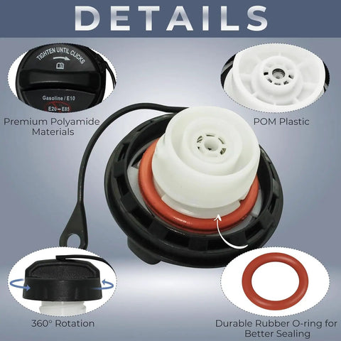 Fuel Cap Replacement FC1089 For Ford Lincoln Mercury Cars And SUVs Including F150 Edge F250 F350 Super Duty Fusion Ranger Freestar And More 2004 To 2021 Easy Install High Quality Gas Cap shown with 360° view and O-ring seal