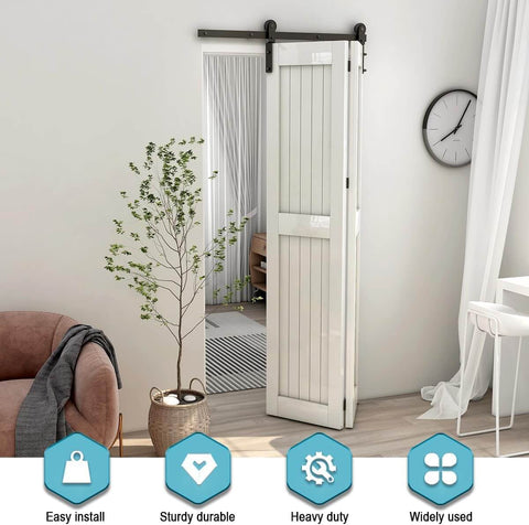 Beefy Heavy Duty 3.5 Foot Bi Folding Barn Door Hardware Kit For Two Doors, Carbon Steel Sliding Track System In Frosted Black