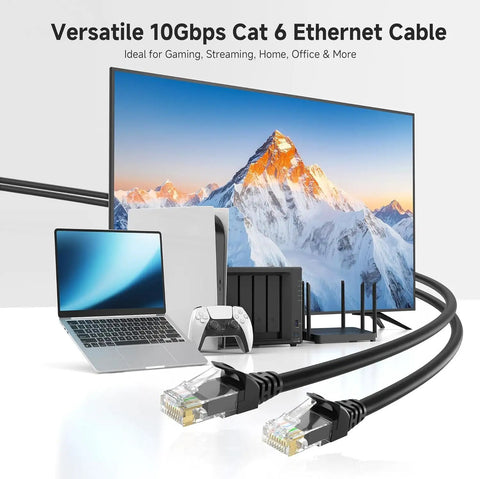 Snagless Cat 6 Ethernet Cable 20ft High Speed Network Cord with computer setup showing fast connection for gaming and streaming