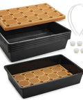 5 Pack Nursery Pots Trays With Removable Mesh Drainage Mats Durable BPA Free Plastic Seed Starter Trays 17 By 12 By 3.5 Inches With Drainage Holes Propagation Kit For Seedlings Microgreens Plant Germination Black, featuring stackable black trays with mesh mats and accessories.