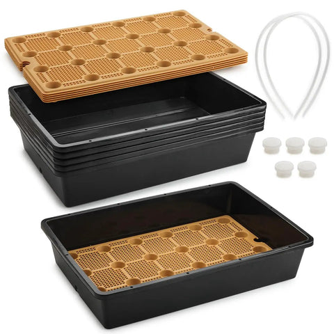 5 Pack Nursery Pots Trays With Removable Mesh Drainage Mats Durable BPA Free Plastic Seed Starter Trays 17 By 12 By 3.5 Inches With Drainage Holes Propagation Kit For Seedlings Microgreens Plant Germination Black, featuring stackable black trays with mesh mats and accessories.