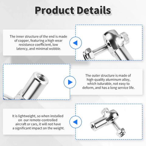 M2x15mm Tie Rod End Ball Head With Screws For Model Aircraft, Silver Aluminum Build, Copper Ball Tip, Rock Solid Joint For Tight, Precise Linkage And Smooth Steering close-up detail