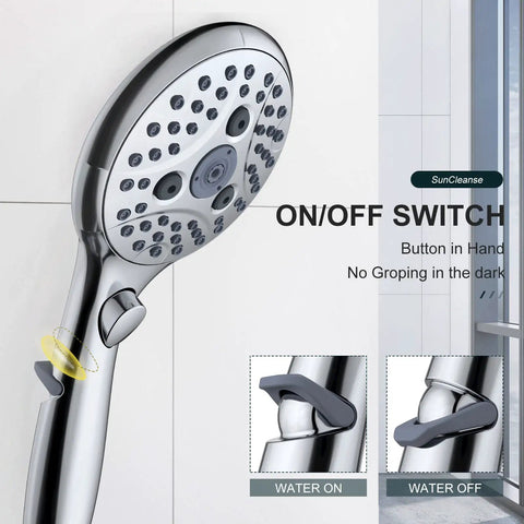 Close-up of 7 Setting Handheld Shower Head With On Off Pause Switch, chrome finish, showing nozzle and control button
