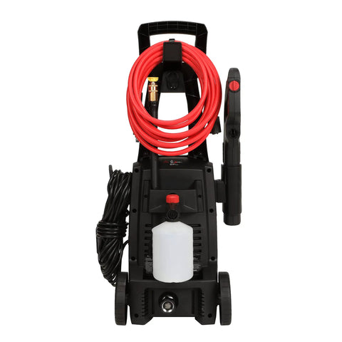Front view of Electric Pressure Washer 1700 PSI 1.7 GPM With 11 Amp Motor, Foam Cannon, and 25 Ft Hose on compact trolley.