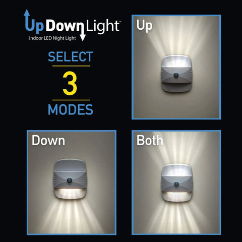 UpDown Wireless Motion Sensing LED Light auto on battery powered accent night light white finish showing select 3 modes for stairs