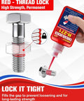 ThreadLocker Red high-strength thread lock for bolts and nuts; 50ml bottle applied to bolt threads.
