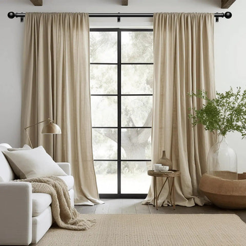 Living room with beige curtains hanging from a 36-91 Inch Black Adjustable Curtain Rod 1 Inch Heavy Duty Telescoping Drapery Pole For Windows Modern Decorative Window Treatment No Tools Required Quick And Easy Installation over large window.