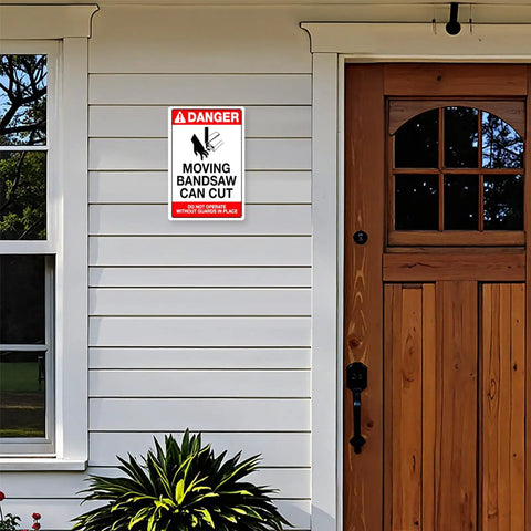 Warning Tin Sign For Moving Bandsaw Danger High Visibility 12x8 Inch Metal Safety Notice on outdoor wall near door
