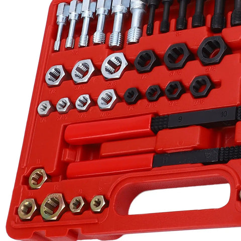 Premium 48 Pcs Steel Thread Chaser Set With Taps Dies And Files For Fixing Damaged Threads Fast On Car Bike Home DIY Projects Like A Pro. red case with taps, dies and files, metric and SAE sizes