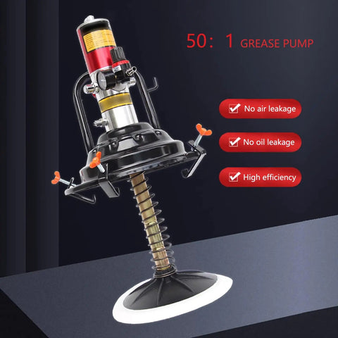 Heavy Duty Pneumatic Grease Gun Featuring 50 To 1 Pressure, showcasing sleek design with metal components and ergonomic handle.