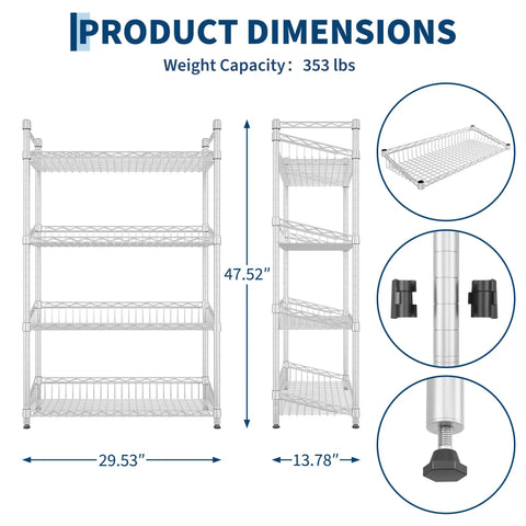 Rock Solid 4 Tier Adjustable Wire Storage Rack Heavy Duty Steel Industrial Shelving dimensions 29.53" x 47.52" x 13.78" capacity 353 lbs