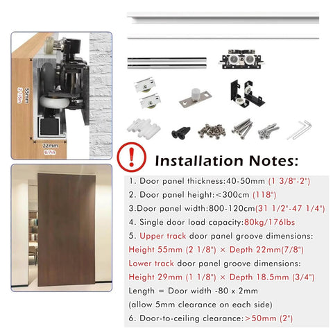 Concealed Sliding Door Hardware Kit with Soft Close Mechanism, Hidden Rails, aluminum alloy, nylon rollers, 110 cm length, components displayed.