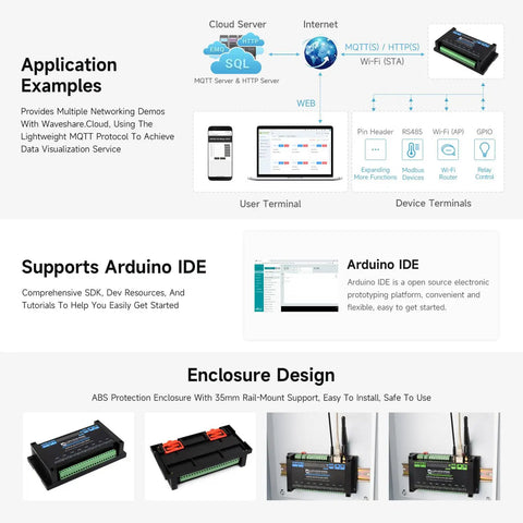 Diagram showing Industrial 8-Channel ESP32-S3 WiFi Relay Module with RS485, cloud server integration, and Arduino IDE support.