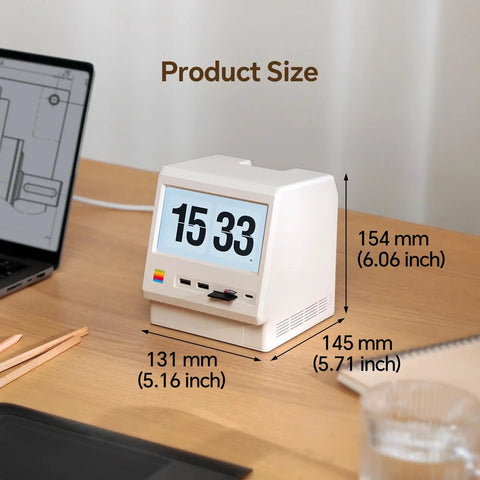 Kickass Retro Dock Station For Mac Mini M4 Pro With Built In Cooling Fan and Five Inch HD Screen with dimensions on wooden desk.