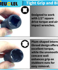 Close-up of black Twist Lug Nut Socket Set One Half Inch Drive Damaged Nut Lock Remover And Extractor Kit with 1/2 inch drive.