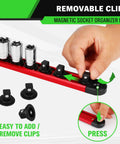 Heavy Duty Three Eighth Inch Magnetic Socket Organizer Rail With Aluminum Alloy Construction, 14 Clips, Red in use