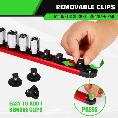 Heavy Duty Three Eighth Inch Magnetic Socket Organizer Rail With Aluminum Alloy Construction, 14 Clips, Red in use