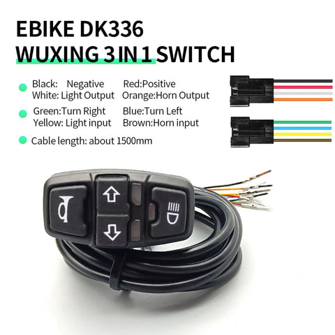Plug In Ebike Light Kit With Front Headlight And Built In Horn, Rear Taillight, DK336 Switch And Wiring, black cable